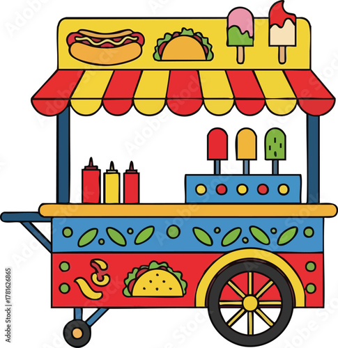Colorful Food Cart Offering Hot Dogs Tacos Ice Cream and Drinks With Bright Red Yellow Blue Decorations