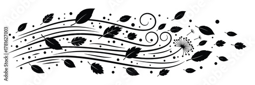 Autumn leaves and dandelion seeds blowing in the wind isolated on a white background creating a dynamic natural element