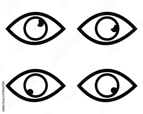 Set of Four Artistic Black and White Human Eye Icons – Hand Drawn Vector Illustration with Expressive Lashes and Unique Styles