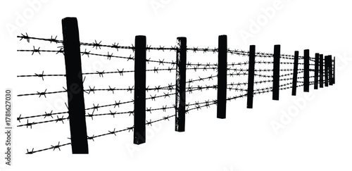 Barbed wire fence silhouette isolated on white background, black fencing with sharp spikes in perspective