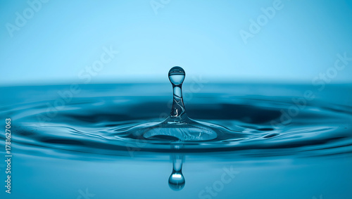 Close-up of water drops hitting the bright blue water surface.