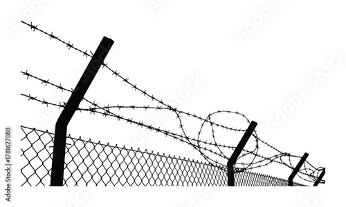 Barbed wire fence silhouette on posts isolated on white background for security protection concept