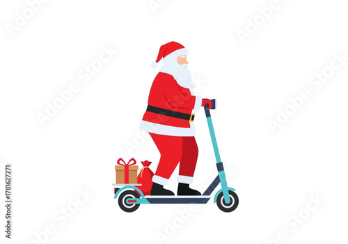 Santa Claus Riding Electric Scooter with Christmas Gifts.