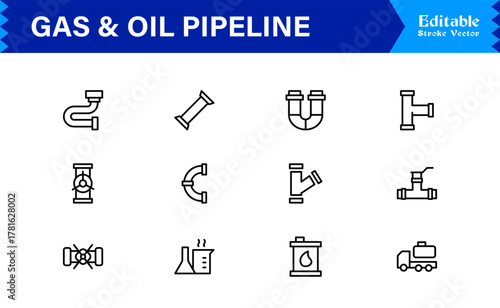 Oil And Gas Piping Components Unique Line Icon Pack Featuring Refinery Valves, Pipeline Parts, and Engineering Fittings in a Sharp, Editable Vector Style