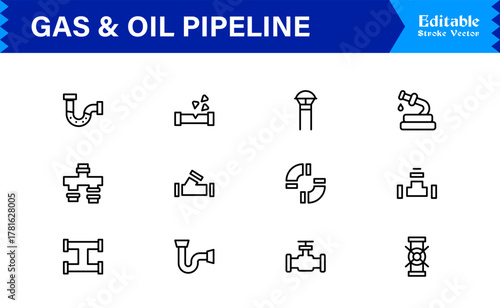 Oil And Gas Piping Components Unique Line Icon Pack Featuring Refinery Valves, Pipeline Parts, and Engineering Fittings in a Sharp, Editable Vector Style