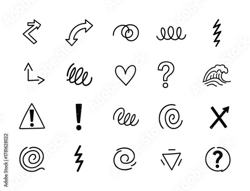 Collection of hand-drawn doodle arrows swirls question marks and warning signs sketch style icons set