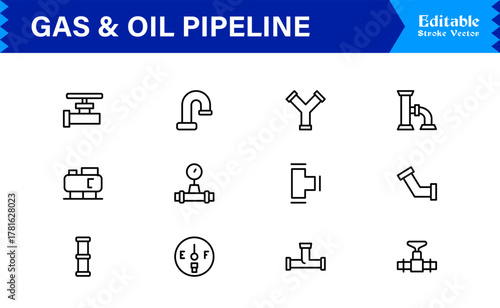 Oil And Gas Piping Components Unique Line Icon Pack Featuring Refinery Valves, Pipeline Parts, and Engineering Fittings in a Sharp, Editable Vector Style