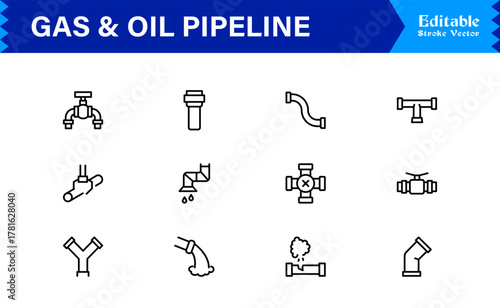 Oil And Gas Piping Components Unique Line Icon Pack Featuring Refinery Valves, Pipeline Parts, and Engineering Fittings in a Sharp, Editable Vector Style