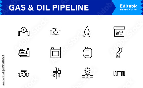 Oil And Gas Piping Components Unique Line Icon Pack Featuring Refinery Valves, Pipeline Parts, and Engineering Fittings in a Sharp, Editable Vector Style