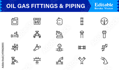 Oil And Gas Piping Components Unique Line Icon Pack Featuring Refinery Valves, Pipeline Parts, and Engineering Fittings in a Sharp, Editable Vector Style