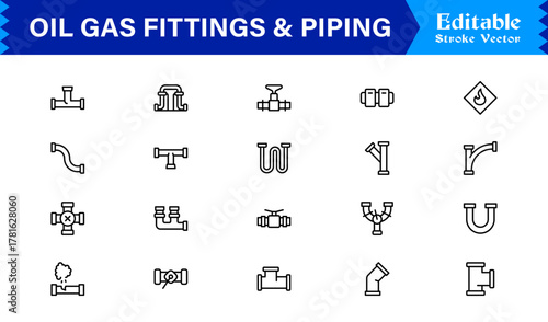 Oil And Gas Piping Components Unique Line Icon Pack Featuring Refinery Valves, Pipeline Parts, and Engineering Fittings in a Sharp, Editable Vector Style