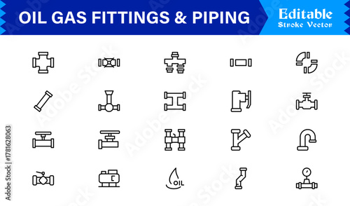 Oil And Gas Piping Components Unique Line Icon Pack Featuring Refinery Valves, Pipeline Parts, and Engineering Fittings in a Sharp, Editable Vector Style