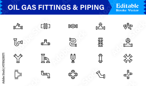 Oil And Gas Piping Components Unique Line Icon Pack Featuring Refinery Valves, Pipeline Parts, and Engineering Fittings in a Sharp, Editable Vector Style