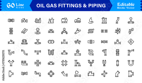 Oil And Gas Piping Components Unique Line Icon Pack Featuring Refinery Valves, Pipeline Parts, and Engineering Fittings in a Sharp, Editable Vector Style