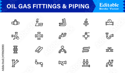 Oil And Gas Piping Components Unique Line Icon Pack Featuring Refinery Valves, Pipeline Parts, and Engineering Fittings in a Sharp, Editable Vector Style