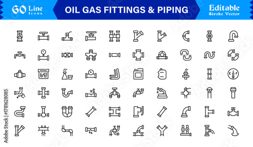 Oil And Gas Piping Components Unique Line Icon Pack Featuring Refinery Valves, Pipeline Parts, and Engineering Fittings in a Sharp, Editable Vector Style