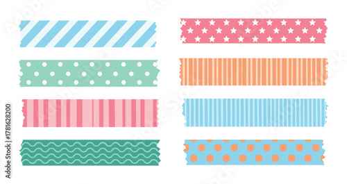 Colorful washi tape strips set with various patterns polka dots stripes and stars for scrapbooking