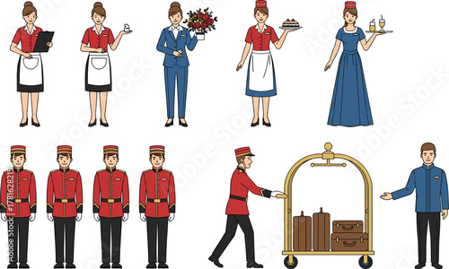 Hotel staff, bellhop, waitress, service, uniform, hospitality, cartoon, character, tray, luggage, bouquet, smiling, flat, vector, design, illustration, professional, employee, job, people, team