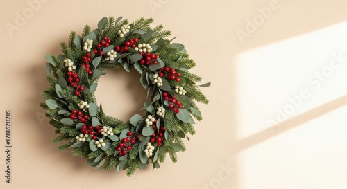 Festive christmas wreath with red and white berries and green foliage on a wall