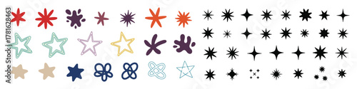 Diverse collection of hand-drawn star shapes in various styles and colors perfect for creative design projects