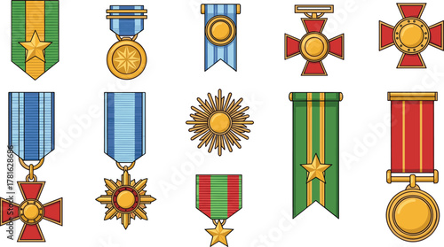 Military medals vector set, honor awards, gold decorations, ribbons, stars, crosses, ceremonial badges, flat design, flat vector illustration