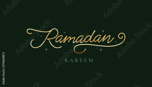 Elegant ramadan kareem golden calligraphy with subtle stars on a dark green background, islamic holiday greeting type