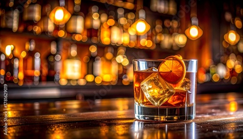 Whiskey Old Fashioned Cocktail with Ice and Orange Garnish on a Bar Counter