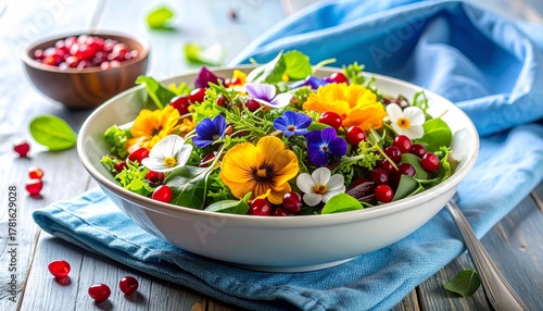 Vibrant Edible Flower Salad with Berries and Mixed Greens - Healthy Food