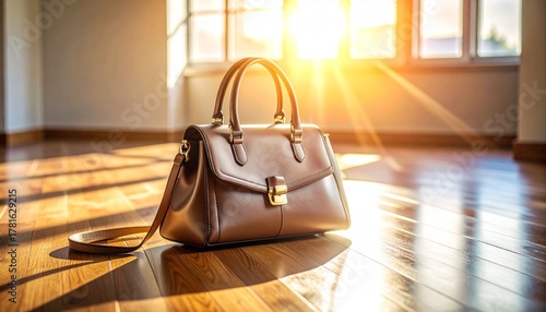 Brown Leather Handbag on a Wooden Floor Bathed in Dramatic Sunlight from a Window