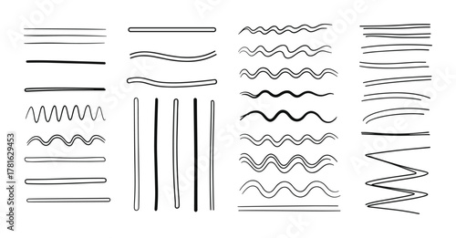Hand drawn doodle lines collection including wavy, straight, zig-zag, and curved strokes