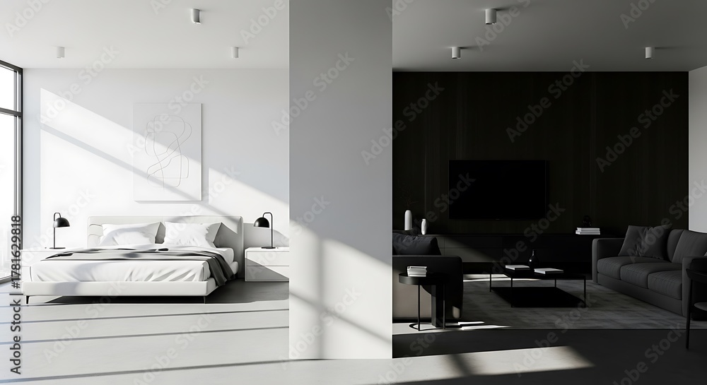 Fototapeta premium Modern Bedroom and Living Room Interior with Contrasting Light and Shadow.