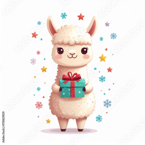 Cute alpaca holding a gift box, fluffy pastel character, playful Christmas theme