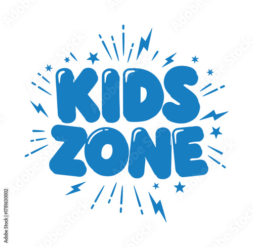 Kids zone sign with stars and thunderbolts, playful children's area lettering design