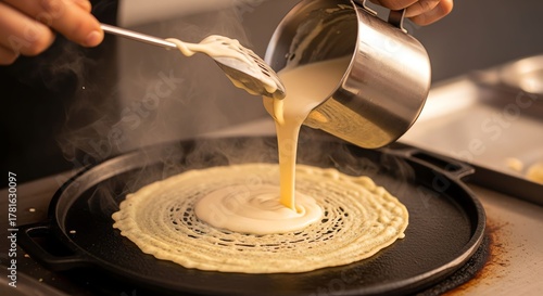 Chef Pouring Batter Onto Crepe Pan in Kitchen Making Crepe