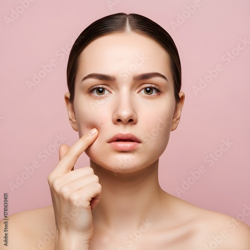 Beautiful woman pointing to blemish on her face on pink backdrop seeking skincare solutions for clear and radiant complexion now