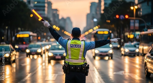Police Officer Directing Traffic at Dusk in Busy City Street with Bright Lights and Moving Vehicles