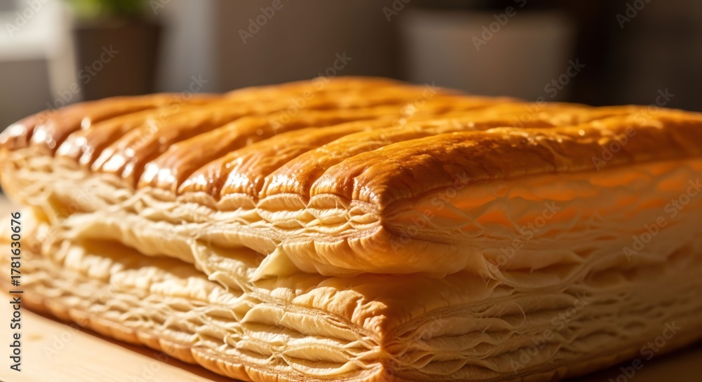 Obraz premium Fresh Flaky Pastry Dough Piled on Wooden Surface in Warm Natural Light