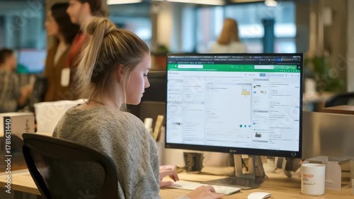 Medium shot of an office worker reviewing AIintegrated onboarding tools on a desktop screen to expedite training and compliance tracking.