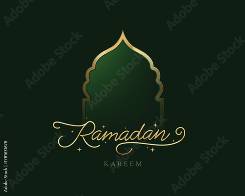 Ramadan kareem golden calligraphy under an ornate islamic arch on dark green background