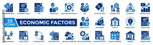 Economic factors icon collection set. Containing GDP, inflation rate, tax, investment, regulation, import tariff, financial forecast, fiscal policy icon. Flat style vector illustration.