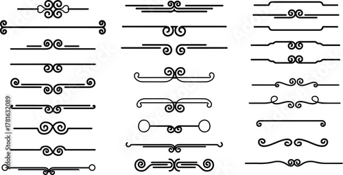 Large collection of black line art vector scrollwork dividers and ornamental text separators for design projects.