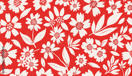 Seamless floral pattern featuring white stylized flowers and leaves on a vibrant red background