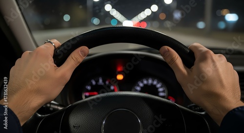 Driver Hands on Steering Wheel at Night in Urban Street Scene