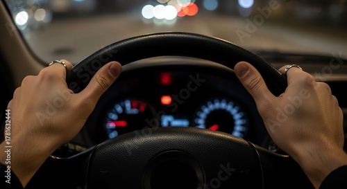 Person Hands Driving Car at Night on Urban Street with Blurred Lights