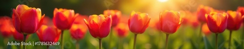 Vibrant tulips, glistening dew, sunrise light, pink, white