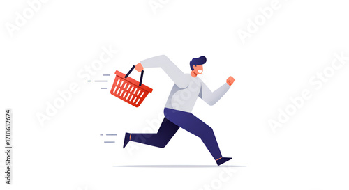 Man Running Fast with Shopping Basket.