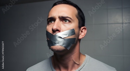 Powerful portrait of a man silenced by tape, symbolizing censorship and oppression with a somber and intense feeling, suitable for advocacy campaigns