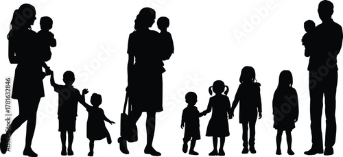 Family silhouettes together, parents and children standing, black people figures, parenting concept, childhood illustration, unity design, community vector art, family bond