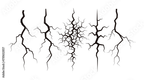 Set of black crack lines and fractures on white background, damage element isolated, vector illustration
