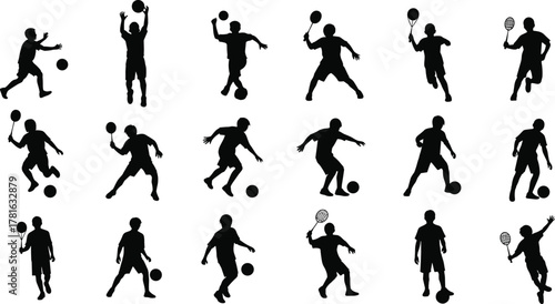 sports, athlete, silhouette, tennis, soccer, movement, action, dynamic, fitness, vector, player, pose, ball, running, illustration,movement,  vector shape, sports vector illustration, 